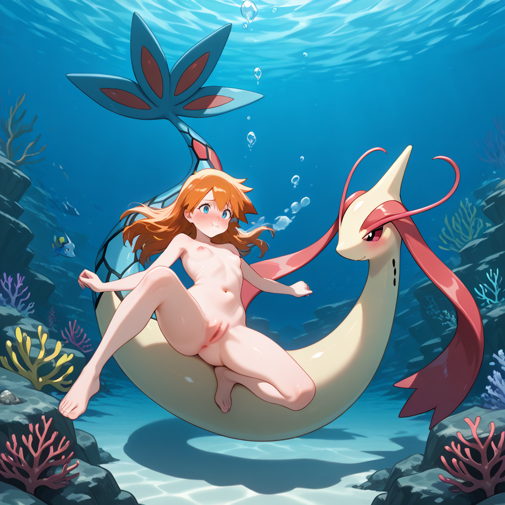 1girl 1pokemon ai_generated air_bubbles ambiguous_gender anus aqua_eyes aquatic ass blush breathhold clitoris completely_naked completely_nude female freediving holding_breath kasumi_(pokemon) labia long_hair milotic misty_(pokemon) navel nervous nervous_female nintendo nipples no_clothes nude nude_female ocean orange_hair perineum petite_female pokemon pokemon_(species) pussy sea small_anus small_breasts swimming swimming_naked underwater water_type