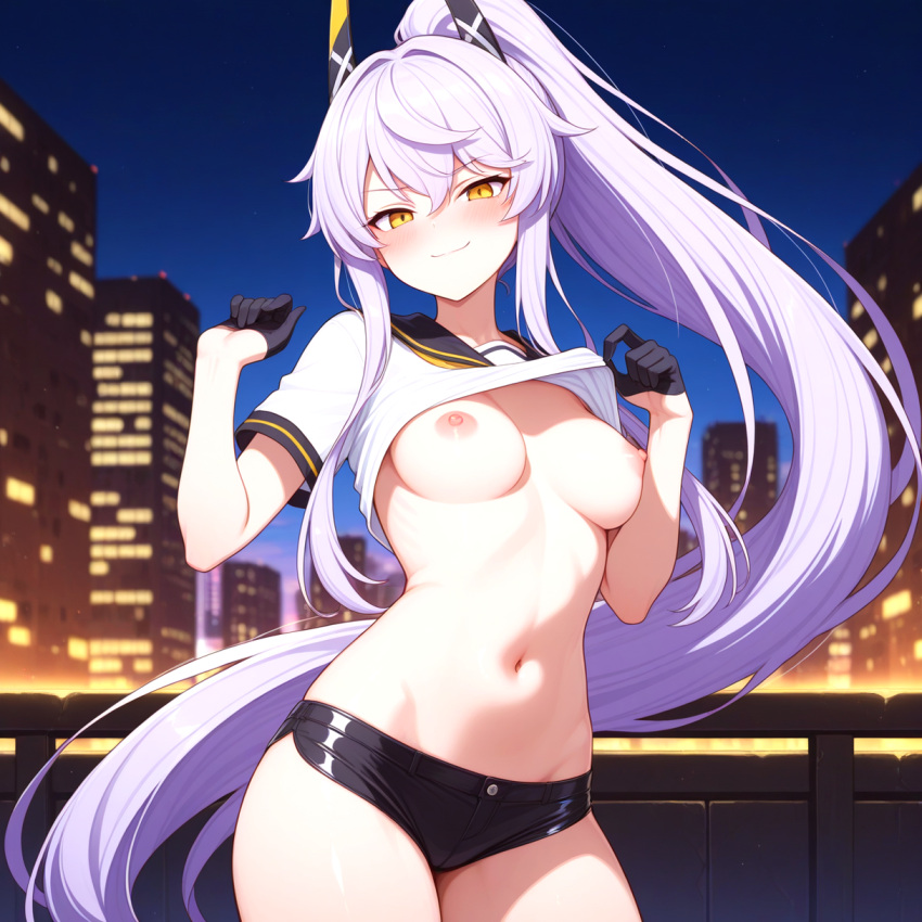 1girls ai_generated azur_lane black_gloves black_short_shorts black_shorts blush breasts breasts_out city clothed clothed_female female_only gloves half_gloves headgear long_hair medium_breasts night nipples outside ponytail purifier_(azur_lane) shirt_lift short_shorts shorts silver_hair siren_(azur_lane) smerk smile solo_female teasing yellow_eyes
