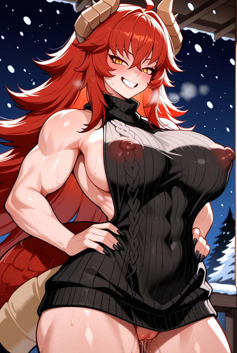 1girls ai_generated big_breasts black_sweater blush breasts dragon_girl dragon_horns dragon_tail female_only grin hands_on_hips hands_on_own_hips indie_virtual_youtuber indie_vtuber long_hair muscle_mommy muscular_female night nipple_bulge nipples nipples_visible_through_clothing orange_eyes outside pussy pussy pussy_juice pussy_juice_dripping pussy_juice_leaking red_hair see-through_clothes sideboob smile snow snowing solo_female virgin_killer_sweater virtual_youtuber vtuber zentreya