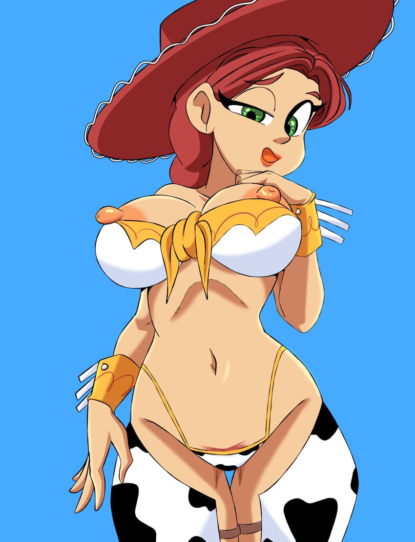 1girl 1girl 1girl artlaccer_(artist) bikini bikini_bottom blue_background bra breasts cleavage clothing cow_print_legwear cowgirl disney eyelashes female_only green_eyes hat human human_only jessie_(toy_story) legwear light-skinned_female light_skin long_hair looking_at_viewer mature mature_female nipples open_mouth pixar ponytail red_hair red_hat solo_female solo_focus toy_story voluptuous voluptuous_female
