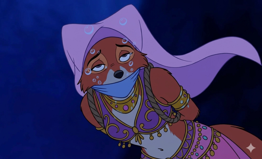 1girl ai ai_generated aladdin_(series) cloth_gag crossover disney drowning fallnightwolf female fox gagged maid_marian peril robin_hood_(disney) solo underwater underwater_peril