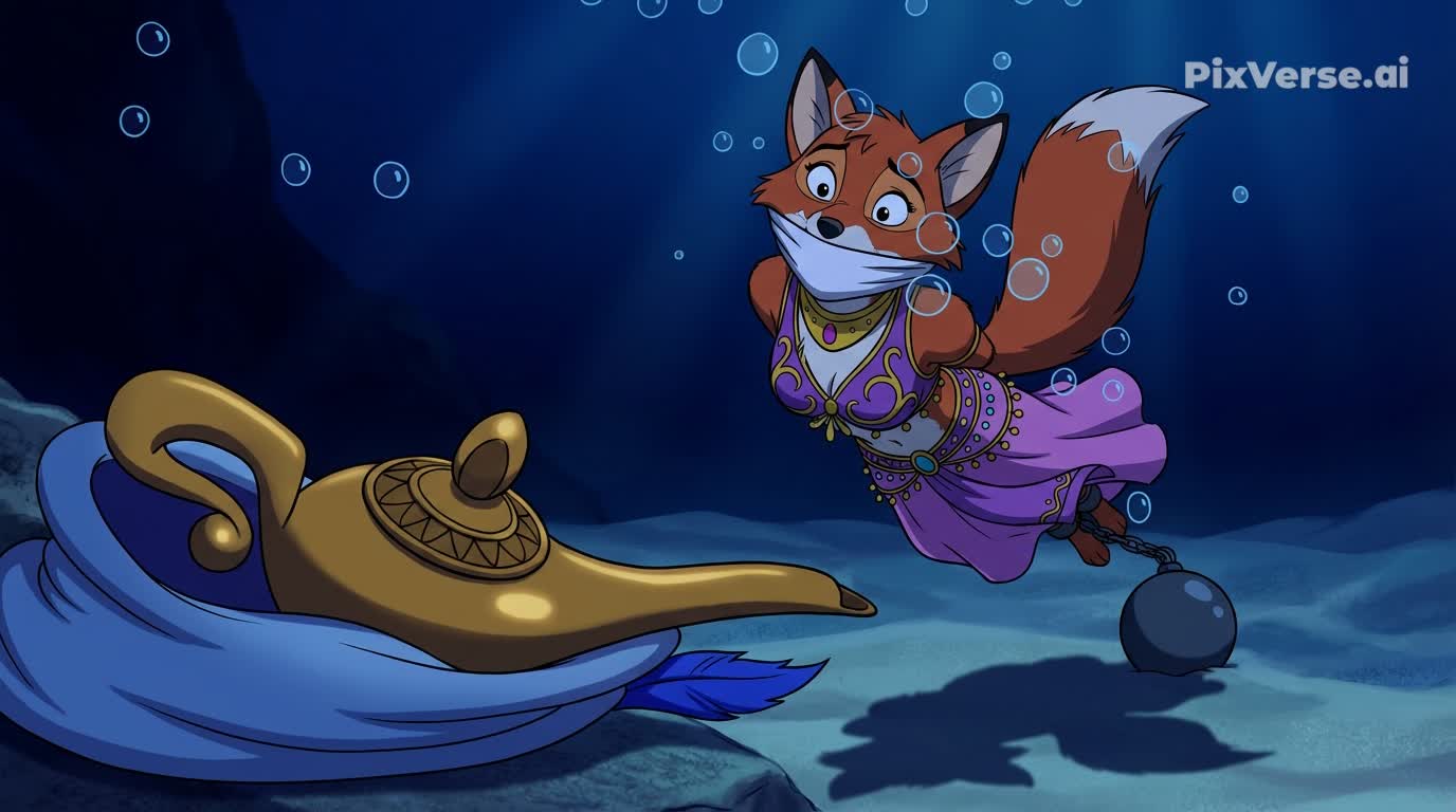 1girl ai_generated aladdin_(series) belly_dancer crossover disney drowning fallnightwolf female fox gagged lamp maid_marian peril robin_hood_(disney) solo underwater underwater_peril