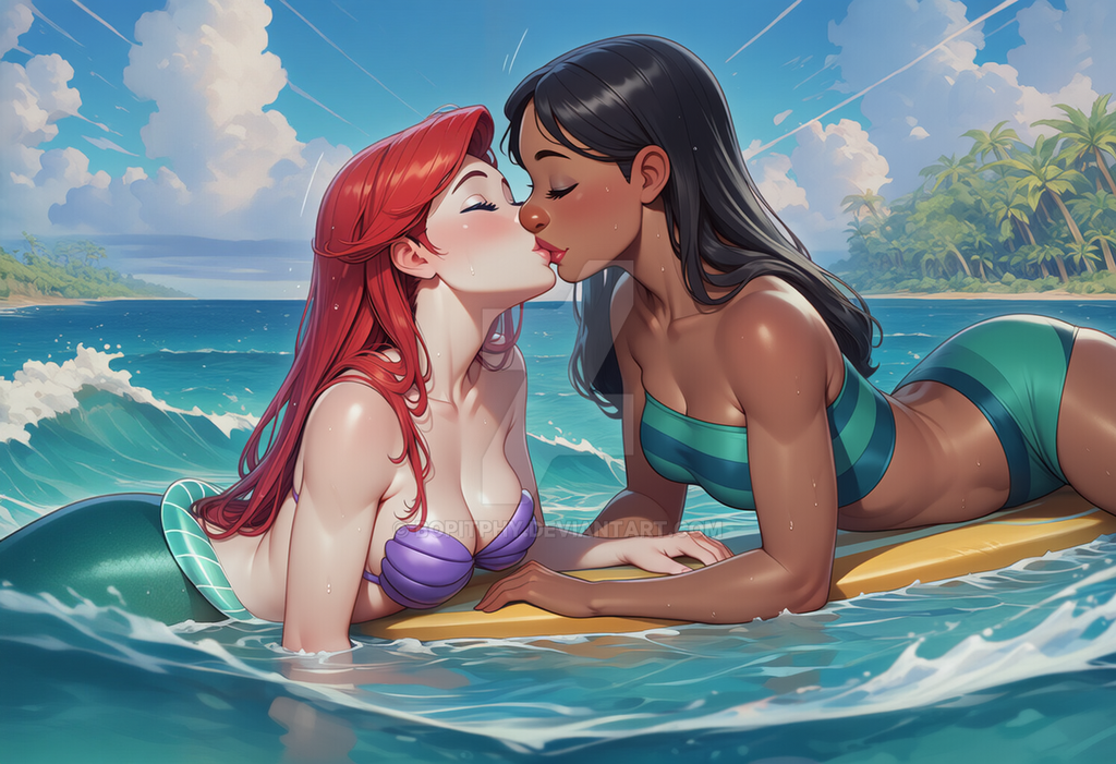 2_girls alternate_costume aqua_bikini aqua_swimsuit bare_arms bare_legs bare_shoulders beach bikini black_hair blush bopitphy breasts cleavage closed_eyes cloud collarbone company_connection couple crossover dark-skinned_female dark_skin day disney disney_princess duo female/female female_only interracial interracial_couple interracial_yuri kissing legs lilo_and_stitch lips lipstick long_hair love lying lying_on_stomach makeup medium_breasts mermaid midriff multiple_girls mutual_yuri nani_pelekai neck ocean on_stomach outside palm_tree pink_lipstick princess princess_ariel purple_bikini red_hair red_lipstick romantic romantic_couple round_nose shell shell_bikini sky straight_hair strapless strapless_bikini strapless_swimsuit striped striped_bikini striped_swimsuit surfboard surfing swimsuit teen teenage_girl the_little_mermaid the_little_mermaid_(1989_film) thick_eyebrows thick_lips thighs tree water waves wet wet_body yuri