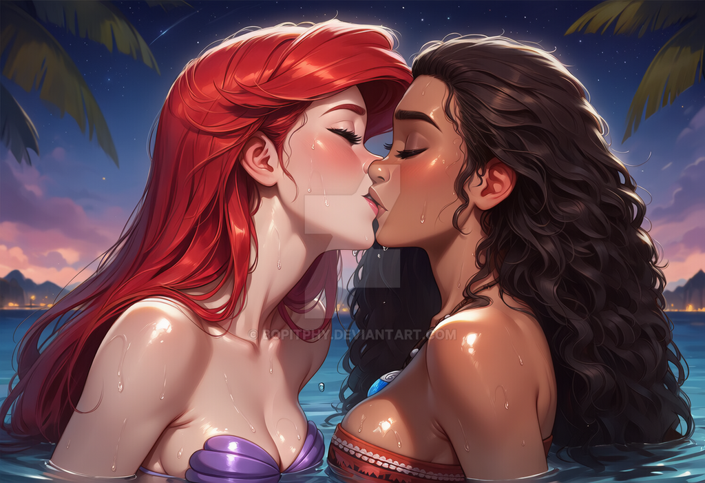2_girls arm_at_side bare_arms bare_shoulders beach bikini black_hair blush bopitphy breasts brown_lipstick cleavage closed_eyes cloud collarbone company_connection couple crossover dark-skinned_female dark_skin disney disney_princess duo female/female female_only interracial interracial_couple interracial_yuri island jewelry kissing lips lipstick long_hair love makeup medium_breasts mermaid moana moana_waialiki mountain multiple_girls mutual_yuri neck necklace night night_sky ocean outside palm_tree pink_lipstick princess princess_ariel purple_bikini red_hair red_tubetop romantic romantic_couple shell shell_bikini sky straight_hair strapless strapless_bikini teen teenage_girl the_little_mermaid the_little_mermaid_(1989_film) thick_eyebrows tree tubetop upper_body water wavy_hair wet wet_body wet_clothes wet_hair yuri