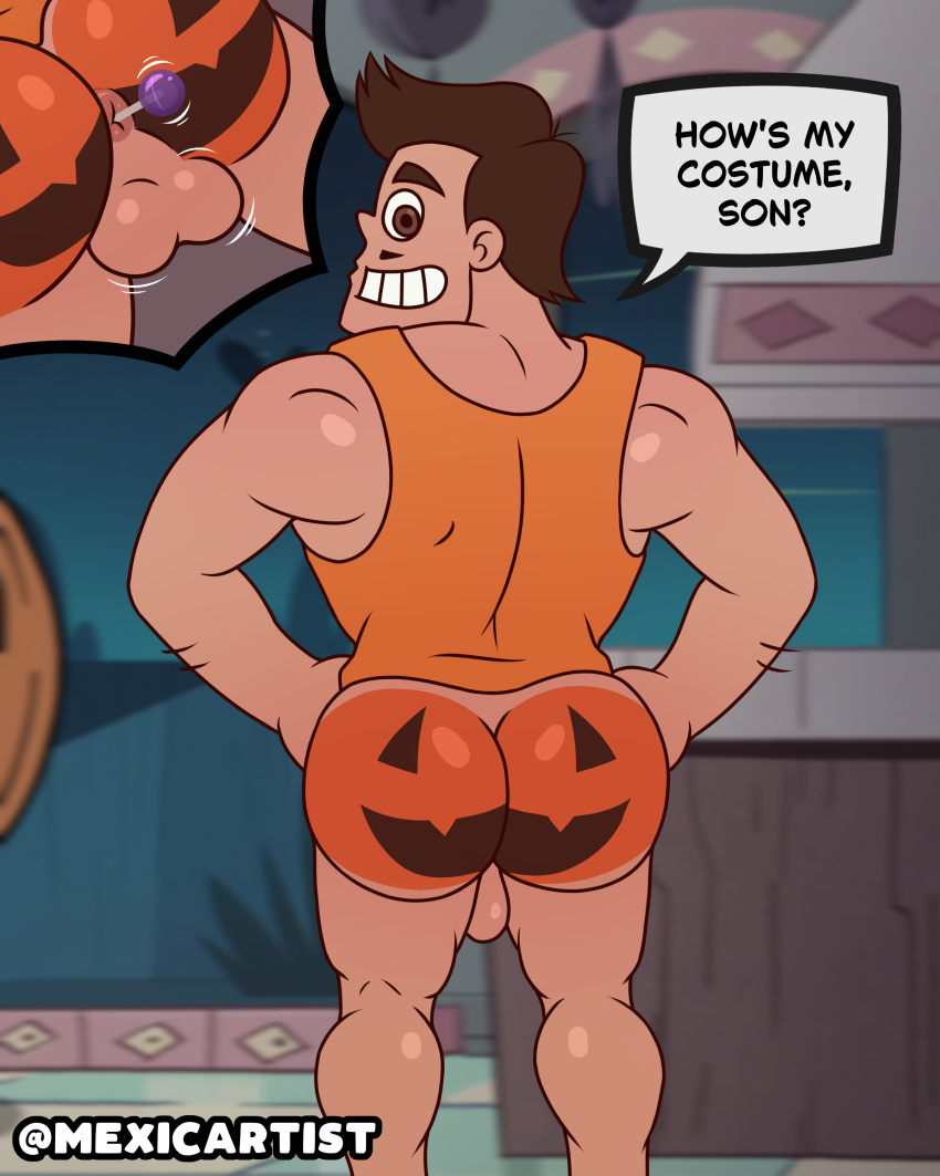 2025 ass ass_focus backsack bottomless brown_eyes brown_hair candy daddy disney drawthread_request father_&_son halloween halloween_costume incest incestuous latino latino_male looking_back mexicartist orange_shirt out_of_frame out_of_frame_male paint painted_ass pumpkin_butt rafael_diaz shirt shirt_only speech_bubble star_vs_the_forces_of_evil yaoi