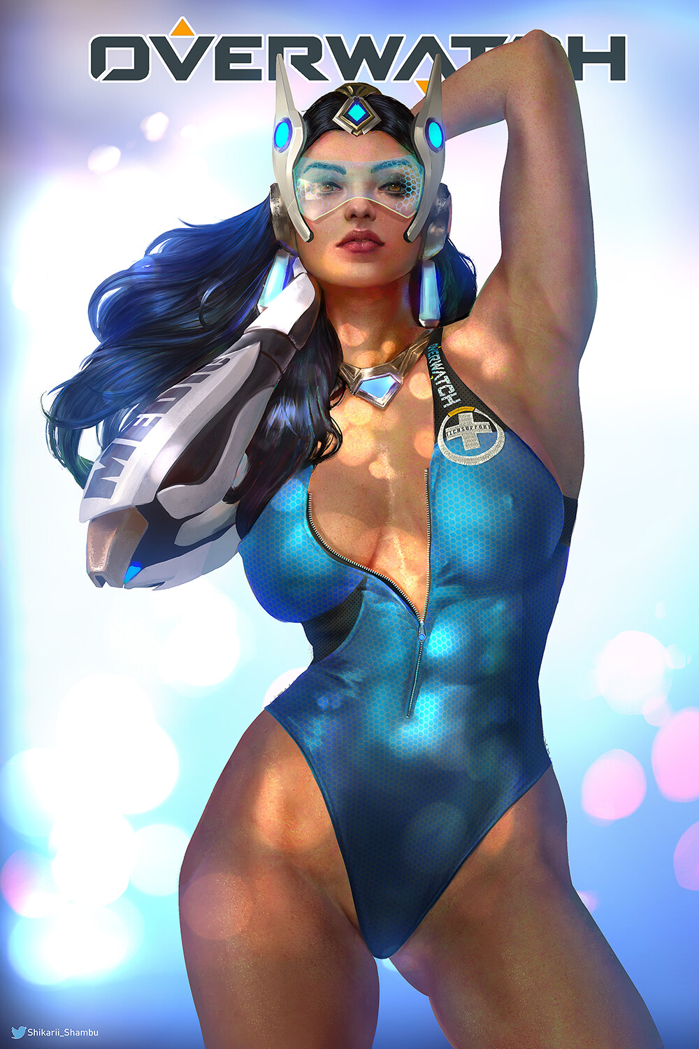 1girl alternate_costume arm_behind_head arm_up armpits bangs bare_legs big_breasts black_hair blizzard_entertainment blue_swimsuit breasts breasts_apart brown_eyes copyright_name dark-skinned_female dark_skin earrings expressionless eyeshadow female_only female_solo hair_ornament half-closed_eyes headgear highleg highleg_swimsuit jewelry legs lips lipstick long_hair looking_at_viewer makeup mechanical mechanical_arm medium_breasts midriff neck necklace nipples one-piece_swimsuit overwatch parted_bangs parted_lips pose posing pussy red_lipstick sci-fi serious shikarii standing straight_hair symmetra symmetra_(overwatch) thick_thighs thighs underwear