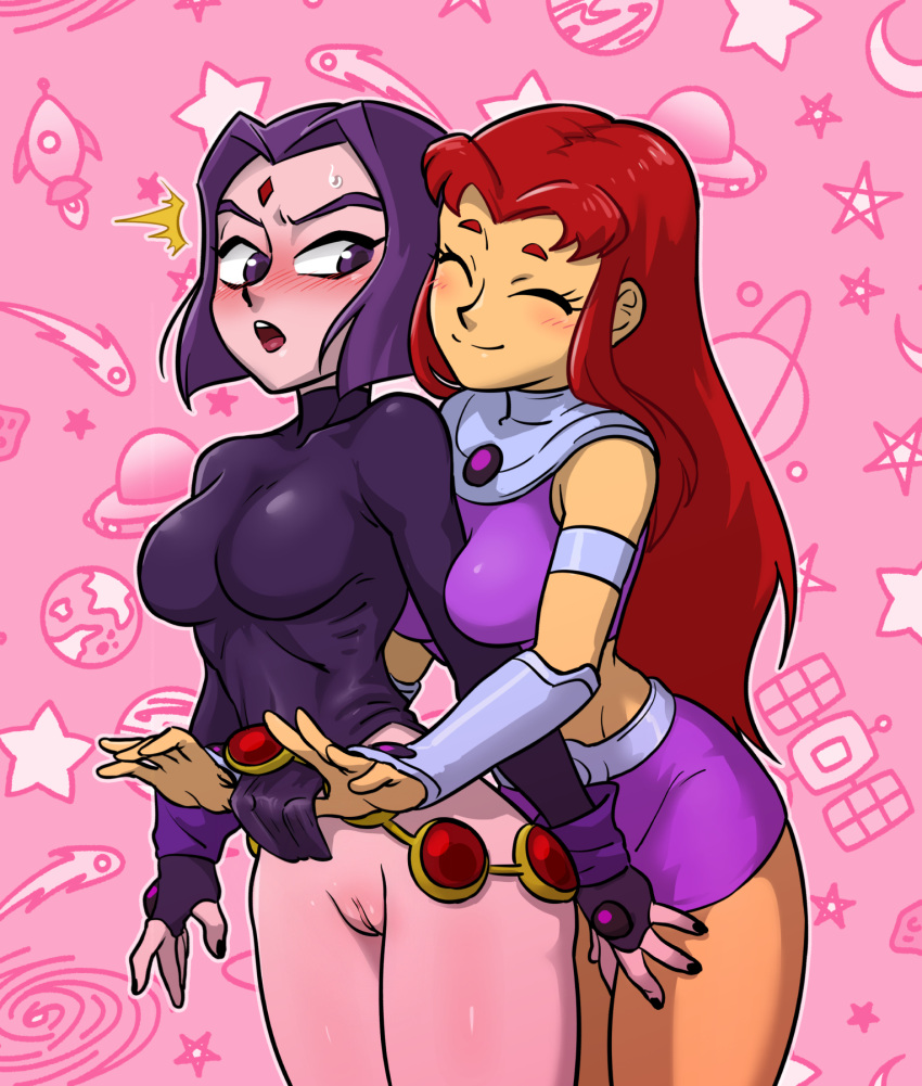 2girls arm_between_breasts bangs bare_legs black_nails blush bob_cut breasts centinel303 closed_eyes closed_mouth clothed couple crop_top cropped_legs cute dc_comics duo embarrassed female female_only forehead_jewel friends innocent jewelry koriand'r legs leotard leotard_pull long_hair looking_back medium_breasts multiple_females multiple_girls nail_polish neck no_panties open_mouth parted_bangs pink_background purple_eyes purple_hair pussy rachel_roth raven_(dc) red_hair shaved_pussy short_hair shy skin_tight skirt smile standing starfire straight_hair superheroine surprised sweatdrop tamaranean teen_titans thick_thighs thighs turtleneck warner_brothers yuri