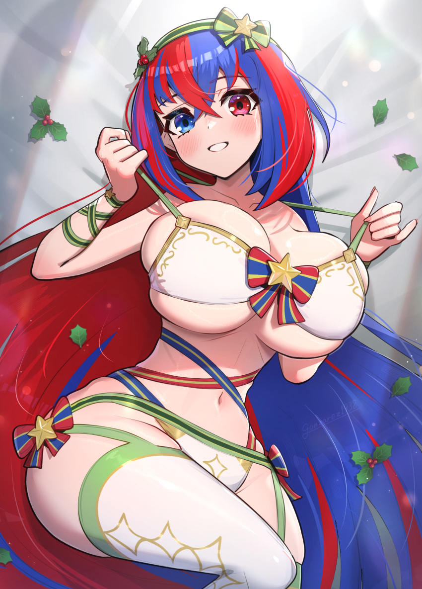 1girl 1girl 1girl alear_(female)_(fire_emblem) alear_(fire_emblem) big_breasts big_breasts bikini blue_eyes blue_hair blush christmas female_only fire_emblem fire_emblem_engage fire_emblem_heroes gonzarez hair_between_eyes hairband heterochromia intelligent_systems lingerie long_hair looking_at_viewer multicolored_hair navel on_bed pulling_bra red_eyes red_hair ribbon ribbons smile stockings strap_pull thick_thighs very_long_hair voluptuous