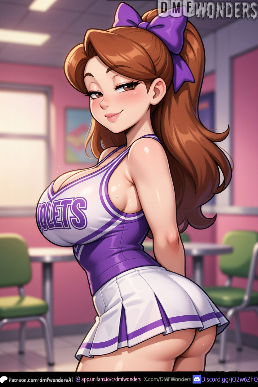 1girl 1girls abs ai ai_art ai_generated ass ass_focus big_breasts blush body body_focus bokeh breasts brown_eyes brown_hair chair cheerleader cheerleader_uniform cinematic_lighting classroom cleavage curvy curvy_figure depth_of_field detailed_clothes detailed_face detailed_hair dmf_wonders dramatic_lighting eyelashes fat_ass glossy_skin hair_bow hair_flowing hair_highlights high_ponytail high_res hip_focus huge_ass huge_breasts interior long_eyelashes long_hair looking_at_viewer looking_back lower_body_focus makeup massive_ass medium_breasts navel oiled_skin original original_character parted_lips patreon patreon_logo patreon_username pleated_skirt plump_ass purple_bow purple_top realistic_skin rim_lighting round_ass seductive_smile shiny_hair shiny_skin short_skirt sideboob skin_reflection skin_tight slim_waist smile smooth_skin soft_lighting sparkles specular_highlights standing sweat sweat_drops thick_ass thick_thighs thighs three_quarter_view tight_clothes toned_body twitter_username under_boob volumetric_lighting voluptuous wet_skin white_skirt wide_hips window x_username