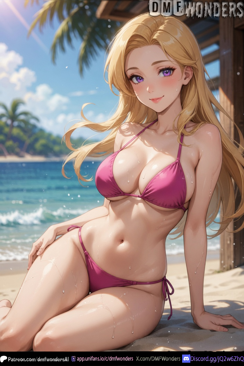 1girl 1girls abs ai ai_art ai_generated beach big_breasts bikini bikini_bottom blonde_hair blush body body_focus bokeh breasts cinematic_lighting cleavage curvy curvy_figure depth_of_field detailed_clothes detailed_face detailed_hair dmf_wonders dramatic_lighting eyelashes glossy_skin hair_flowing hair_highlights high_res hip_focus huge_breasts long_eyelashes long_hair looking_at_viewer makeup medium_breasts navel nipples ocean oiled_skin original original_character palm_trees parted_lips patreon patreon_logo patreon_username pink_bikini purple_eyes realistic_skin rim_lighting shiny_hair shiny_skin sideboob sitting skin_reflection skin_tight slim_waist smile smooth_skin soft_lighting sparkles specular_highlights sweat sweat_drops thick_thighs thighs three_quarter_view toned_body twitter_username under_boob volumetric_lighting voluptuous wet_skin wide_hips x_username
