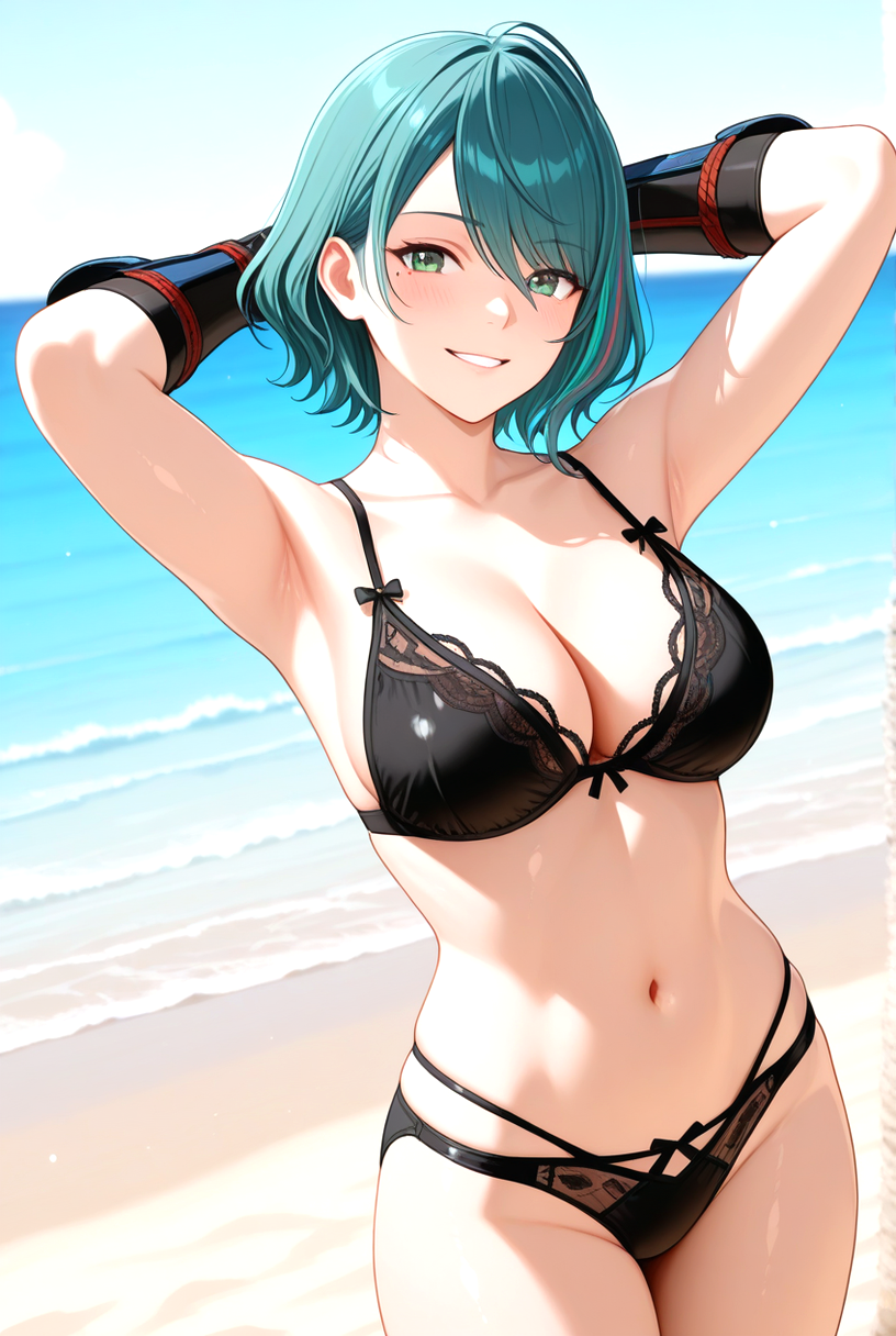 1girls ai_generated beach big_breasts bikini black_bikini blush breasts cleavage dead_or_alive female_only gauntlets green_eyes green_hair hands_behind_head pink_hair short_hair smile solo_female streaked_hair tamaki_(doa)