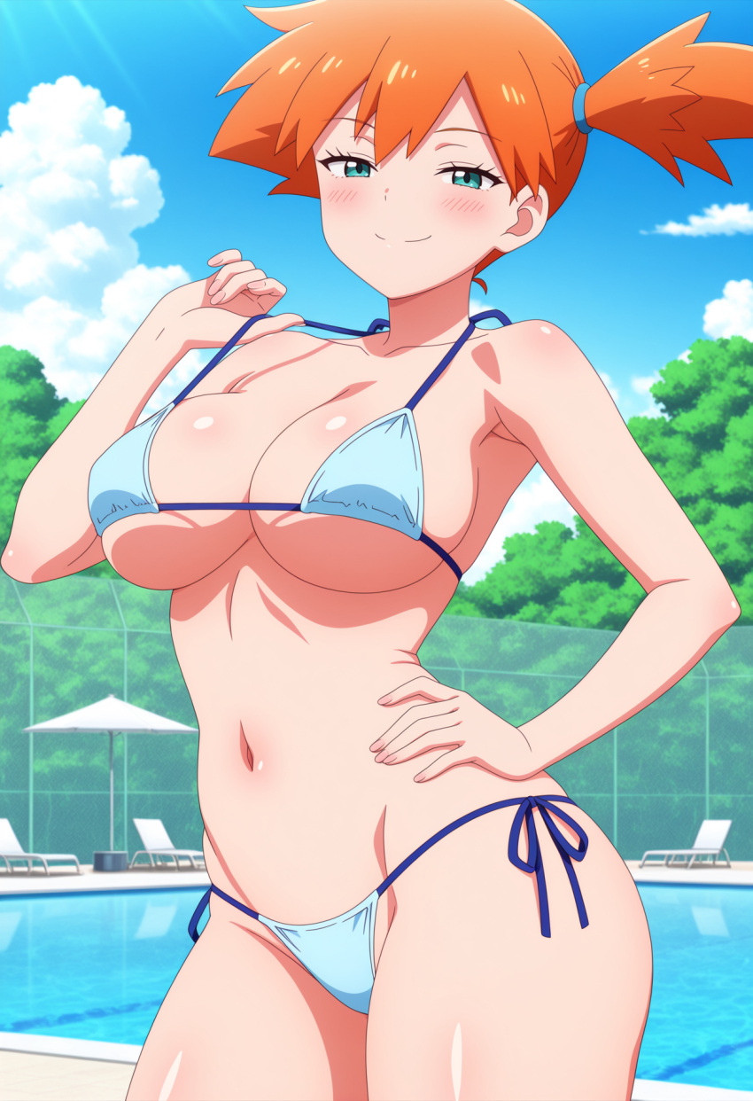 1girl ai_generated big_breasts bikini blush breasts cleavage female_only hand_on_hip hand_on_own_hip light_blue_bikini misty_(pokemon) nintendo orange_hair outdoor_pool outside pokemon pool poolside pulling_bikini_string side_ponytail smile solo_female turquoise_eyes vegaforge