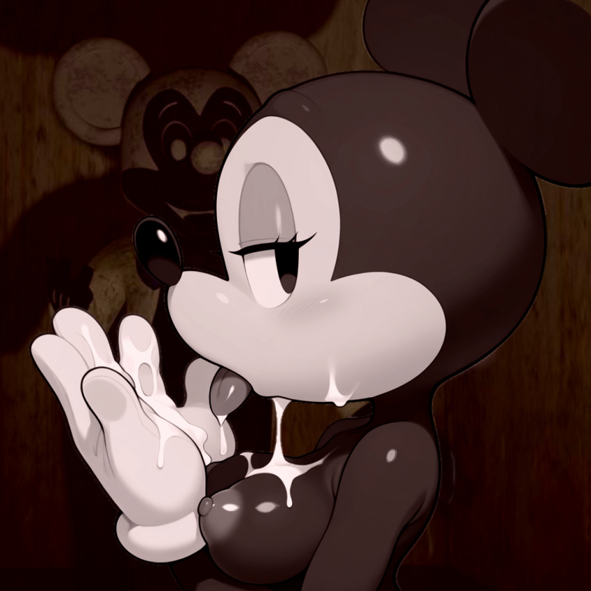 1girl ai-generated ai_assisted ai_generated anthro black_fur breasts creepypasta cum cum_in_hand cum_on_face disney female_focus furry furry_female licking_cum minnie_mouse mouse_girl nipples seductive_look unknown