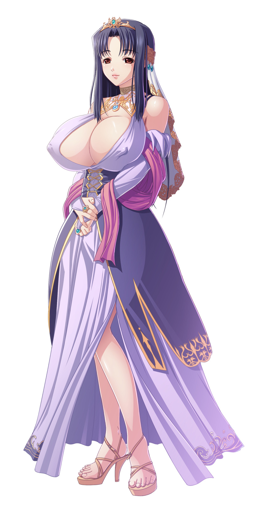 1girl big_breasts cleavage dress female_focus full_body high_res huge_breasts kyonyuu_fantasy long_hair looking_at_viewer mature mature_female mature_woman simple_background
