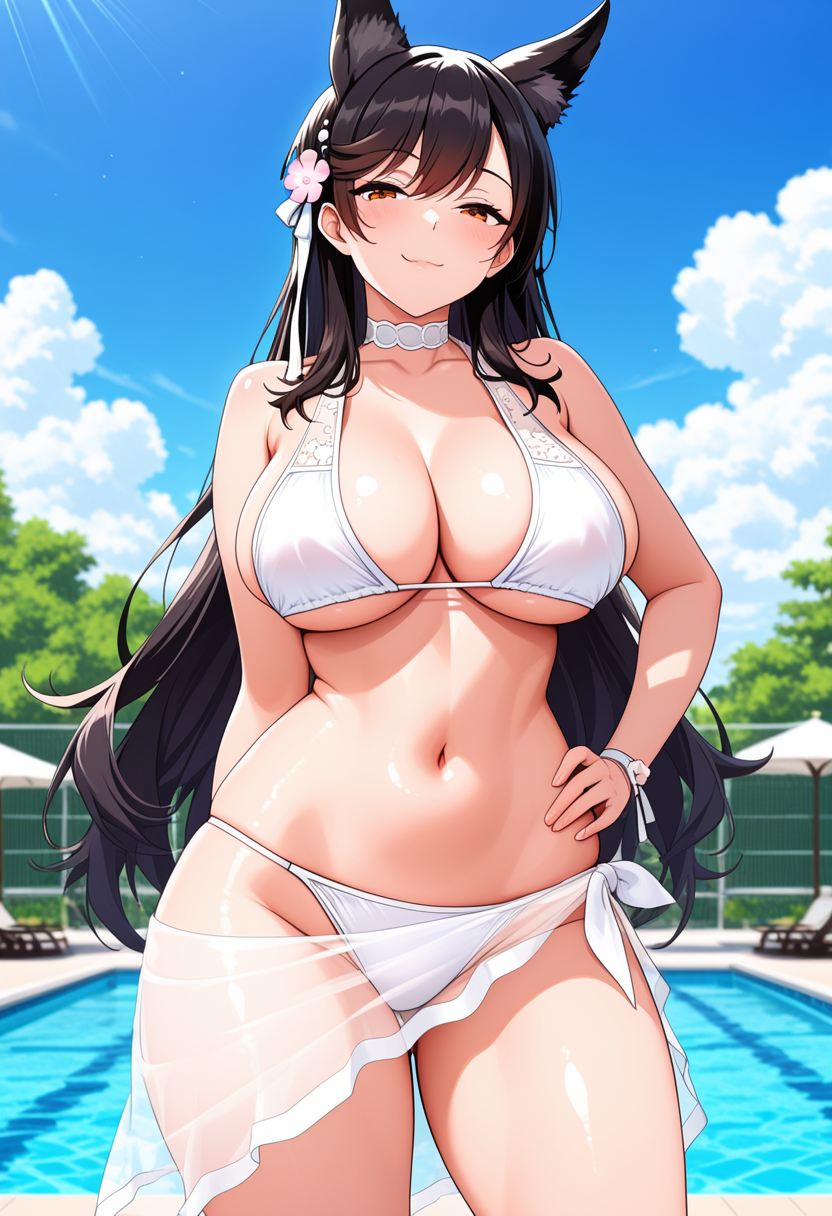 1girl ai_generated atago_(azur_lane) atago_(summer_march)_(azur_lane) azur_lane big_breasts bikini black_hair blush bracelets breasts brown_eyes choker cleavage dog_ears dog_girl female_only flower flower_in_hair hair_ribbon hand_on_hip hand_on_own_hip long_hair outdoor_pool outside pool poolside ribbon sarong ship_girl smile solo_female vegaforge white_bikini white_choker white_ribbon white_sarong