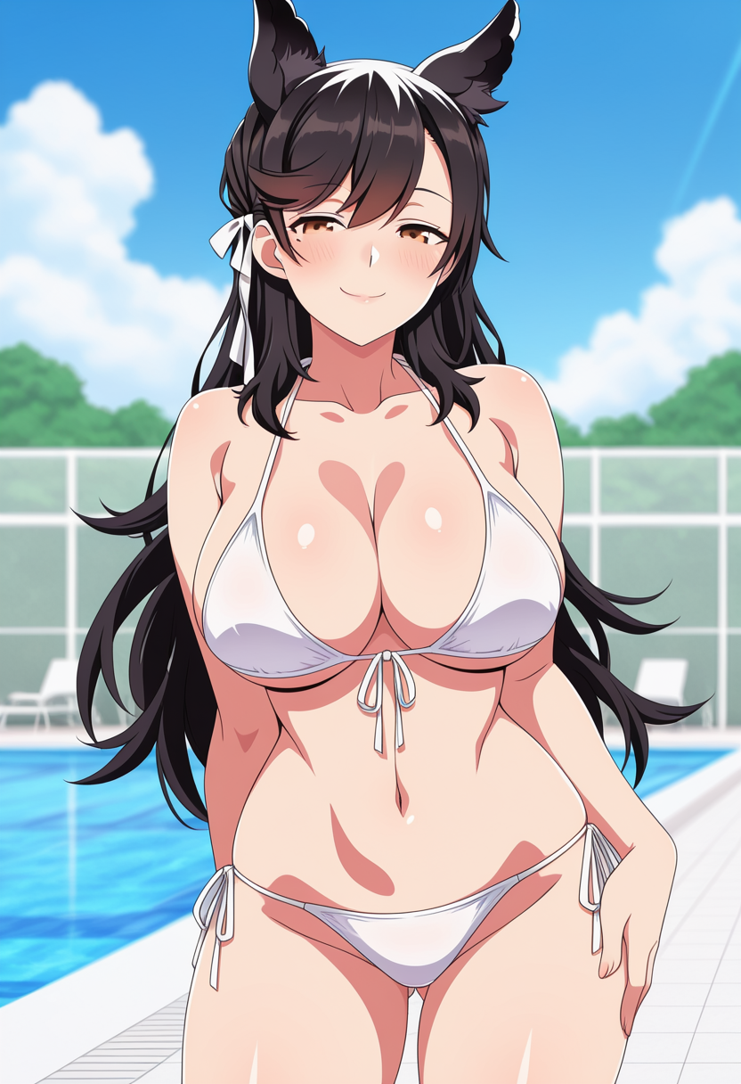 1girl ai_generated atago_(azur_lane) azur_lane big_breasts bikini black_hair blush breasts brown_eyes cleavage dog_ears dog_girl female_only hair_ribbon hand_on_own_thigh hand_on_thigh long_hair outdoor_pool outside pool poolside ribbon ship_girl smile solo_female vegaforge white_bikini white_ribbon