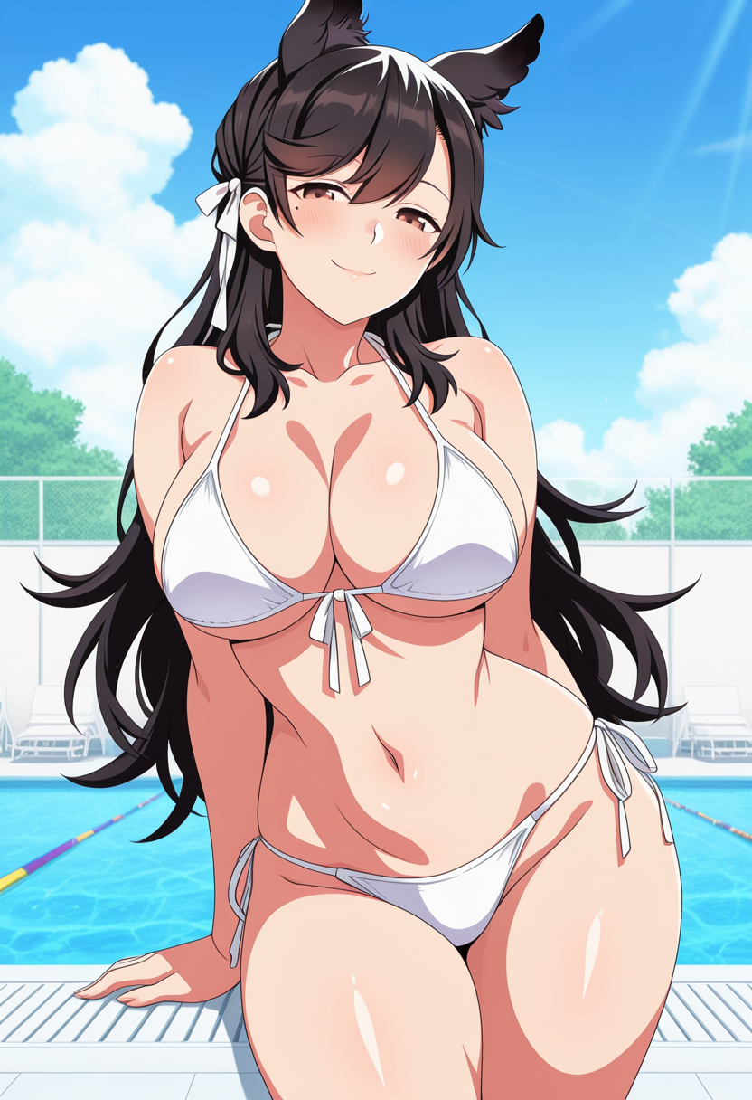 1girl ai_generated atago_(azur_lane) azur_lane big_breasts bikini black_hair blush breasts brown_eyes cleavage dog_ears dog_girl female_only hair_ribbon long_hair outdoor_pool outside pool poolside ribbon ship_girl smile solo_female vegaforge white_bikini white_ribbon