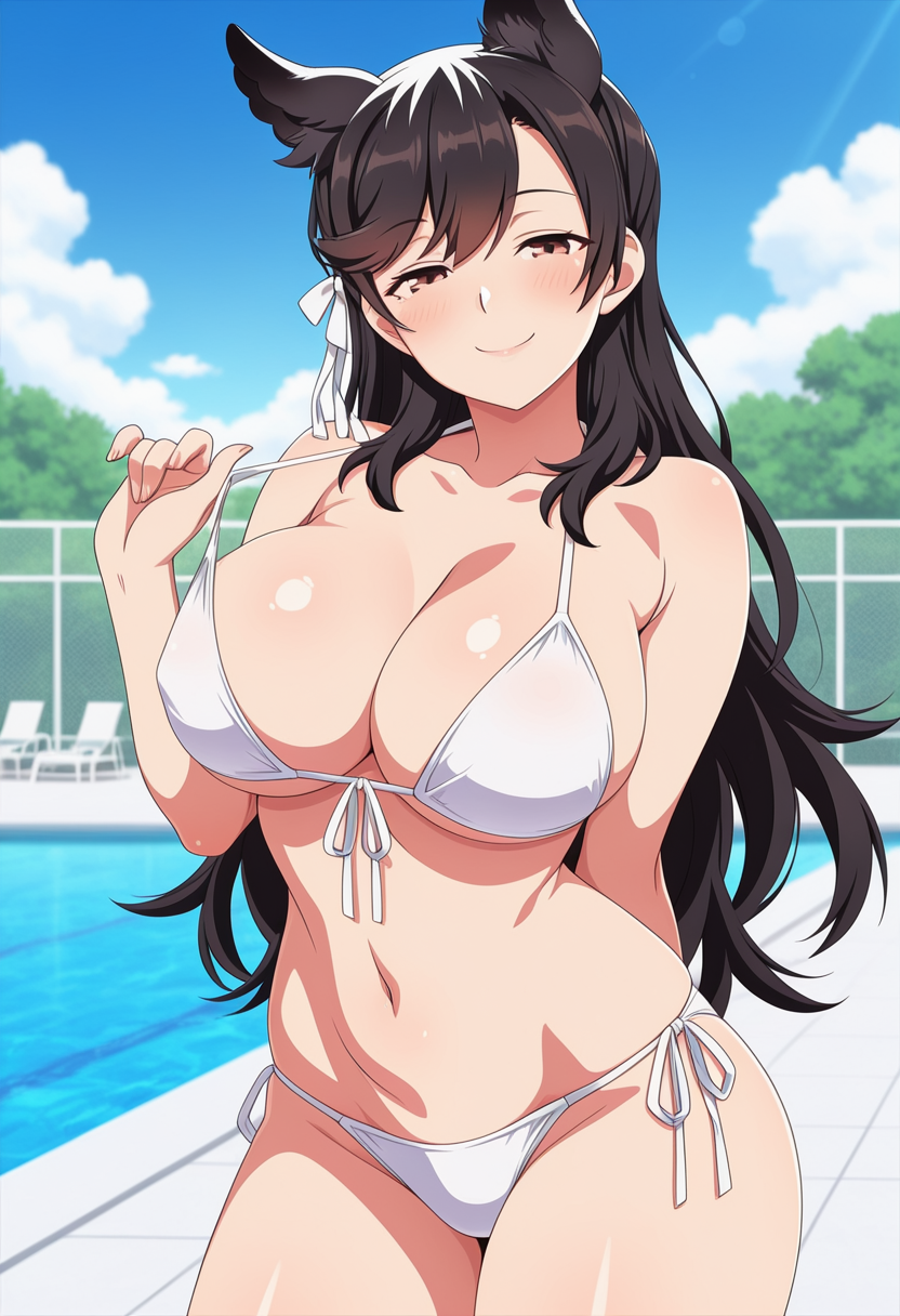 1girl ai_generated arm_behind_back atago_(azur_lane) azur_lane big_breasts bikini black_hair blush breasts brown_eyes cleavage dog_ears dog_girl female_only hair_ribbon long_hair outdoor_pool outside pool poolside pulling_bikini_string ribbon ship_girl smile solo_female vegaforge white_bikini white_ribbon