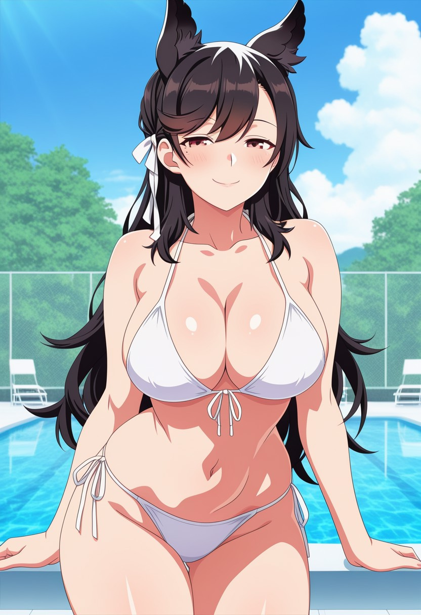 1girl ai_generated atago_(azur_lane) azur_lane big_breasts bikini black_hair blush breasts brown_eyes cleavage dog_ears dog_girl female_only hair_ribbon long_hair outdoor_pool outside pool poolside ribbon ship_girl smile solo_female vegaforge white_bikini white_ribbon