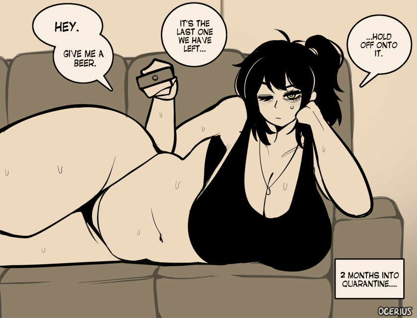 1girl angry angry_expression barely_clothed big_breasts black_bra black_hair black_panties bored bothered breasts breasts_bigger_than_head chubby chubby_female cleavage couch dialogue duplicate female_only green_eyes huge_breasts lying lying_down massive_breasts milf mom mommy monochrome mother_&_son ocerius offscreen_character on_couch one_eye_closed ponytail remote_control renee_graves resting_bitch_face resting_breasts sports_bra text the_coffin_of_andrew_and_renee the_coffin_of_andy_and_leyley thick_thighs thong tummy twitter_link venus_body voluptuous voluptuous_female watermark wide_hips