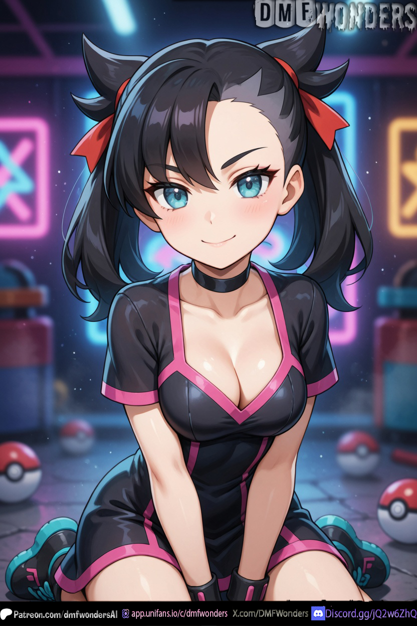 1girl 1girls abs ai ai_art ai_generated animal_ears big_breasts black_dress black_hair blue_eyes blush body body_focus bokeh breasts cat_ears choker cinematic_lighting cleavage curvy curvy_figure depth_of_field detailed_clothes detailed_face detailed_hair dmf_wonders dramatic_lighting eyelashes glossy_skin hair_bow hair_highlights high_res hip_focus huge_breasts long_eyelashes looking_at_viewer makeup marnie marnie_(pokemon) medium_breasts navel neon_lights oiled_skin parted_lips patreon patreon_logo patreon_username pink_trim pokeball pokemon_gym pokemon_swsh realistic_skin red_bow rim_lighting shiny_hair shiny_skin short_dress sitting skin_reflection skin_tight slim_waist smile smooth_skin sneakers soft_lighting sparkles specular_highlights three_quarter_view tight_clothes toned_body twin_tails twitter_username volumetric_lighting voluptuous wet_skin wide_hips x_username