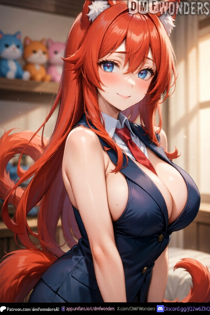 1girl 1girls abs ai ai_art ai_generated animal_ears animal_tail big_breasts blue_eyes blush body body_focus bokeh breasts cinematic_lighting cleavage collared_shirt curvy curvy_figure depth_of_field detailed_clothes detailed_face detailed_hair dmf_wonders dramatic_lighting eyelashes fluffy_tail fox_ears fox_girl fox_tail glossy_skin hair_highlights high_res hip_focus huge_breasts indoors long_eyelashes long_hair looking_at_viewer makeup medium_breasts navel nipples oiled_skin parted_lips patreon patreon_logo patreon_username realistic_skin red_hair red_tie rim_lighting room school_uniform shiny_hair shiny_skin shirt sideboob skin_reflection skin_tight sleeveless_vest slim_waist smile smooth_skin soft_lighting sparkles specular_highlights sweat sweat_drops tamaki_kousaka three_quarter_view tight_clothes to_heart to_heart_2 toned_body twitter_username under_boob vest volumetric_lighting voluptuous wet_skin wide_hips x_username