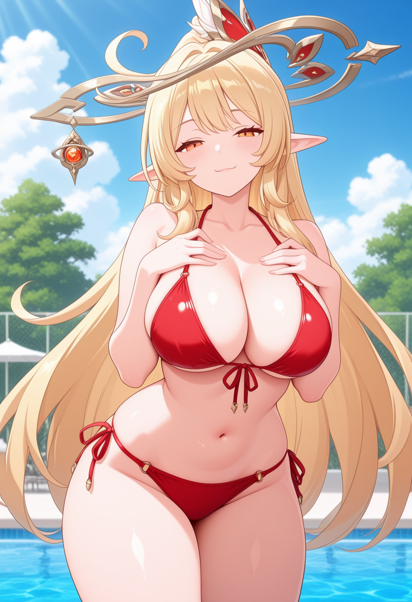 1girl ai_generated alice_(genshin_impact) big_breasts bikini blonde_hair blush breasts cleavage female_only genshin_impact hands_on_chest hands_on_own_chest long_hair milf orange_eyes outdoor_pool outside pointy_ears pool red_bikini smile solo_female vegaforge witch_hat