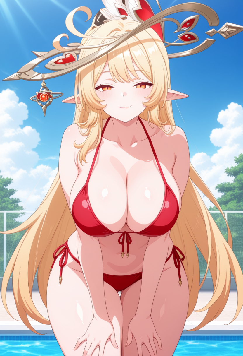 1girl ai_generated alice_(genshin_impact) big_breasts bikini blonde_hair blush breasts cleavage female_only genshin_impact hands_on_own_thighs hands_on_thighs leaning_forward long_hair milf orange_eyes outdoor_pool outside pointy_ears pool red_bikini smile solo_female vegaforge witch_hat