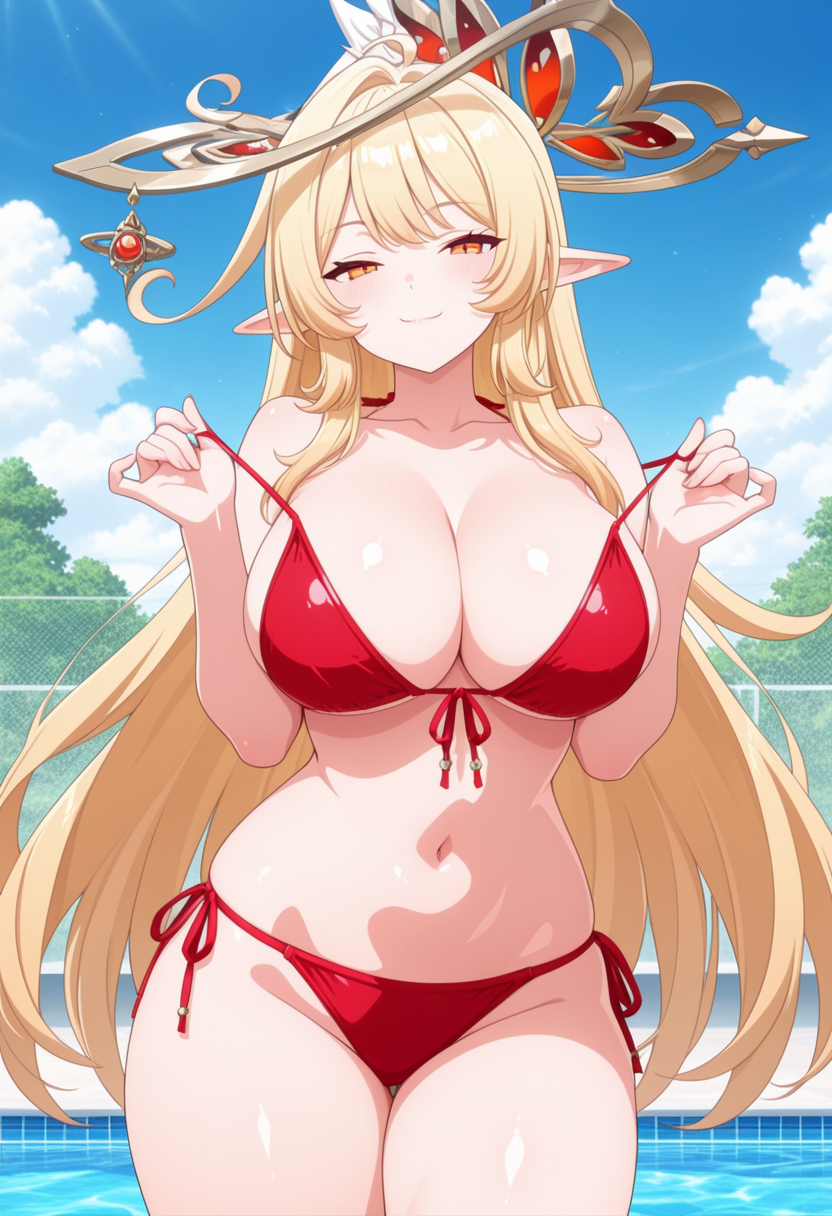 1girl ai_generated alice_(genshin_impact) big_breasts bikini blonde_hair blush breasts cleavage female_only genshin_impact long_hair milf orange_eyes outdoor_pool outside pointy_ears pool pulling_bikini_string red_bikini smile solo_female vegaforge witch_hat