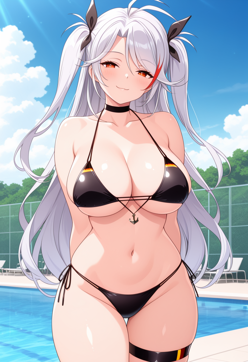 1girl ai_generated arms_behind_back azur_lane big_breasts bikini black_bikini black_choker black_ribbon breasts choker cleavage female_only hair_ribbons long_hair orange_eyes outdoor_pool outside pool poolside prinz_eugen_(azur_lane) prinz_eugen_(unfading_smile)_(azur_lane) red_hair ribbons smile solo_female streaked_hair thighlet two_side_up vegaforge white_hair