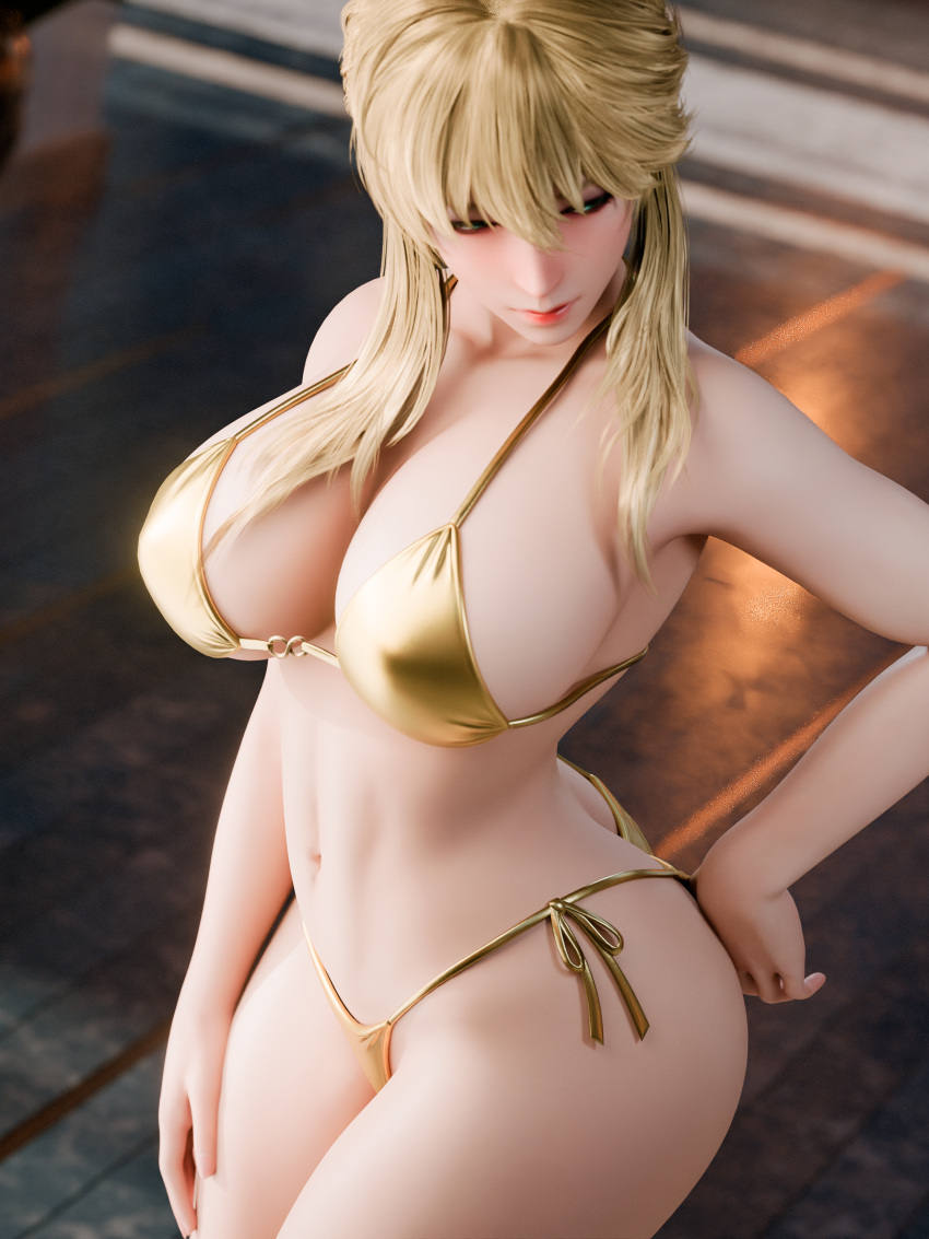 1girl artoria_pendragon artoria_pendragon_(fate) artoria_pendragon_(lancer) artoria_pendragon_(swimsuit_ruler) artoria_pendragon_(swimsuit_ruler)_(fate) big_breasts bikini blonde_hair bubble_butt cleavage fate/grand_order fate_(series) green_eyes horny inviting_to_sex pose ryanreos standing swimsuit teasing thick_thighs