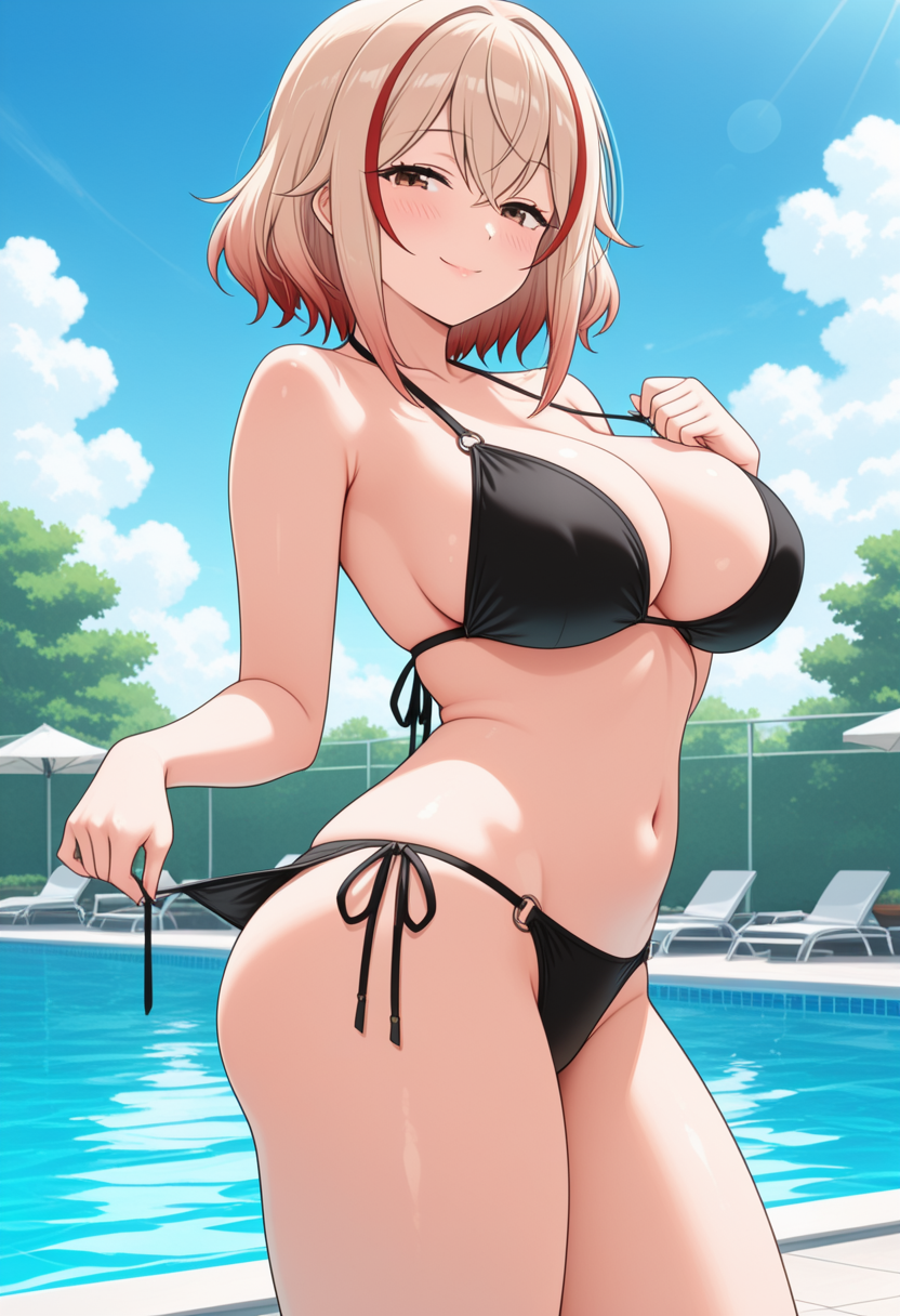 1girl ai_generated azur_lane big_breasts bikini bikini_bottom_pull black_bikini blonde_hair blush breasts brown_eyes cleavage female_only hand_on_chest hand_on_own_chest outdoor_pool outside pool poolside pulling_bikini_string red_hair roon_(azur_lane) short_hair smile solo_female streaked_hair vegaforge