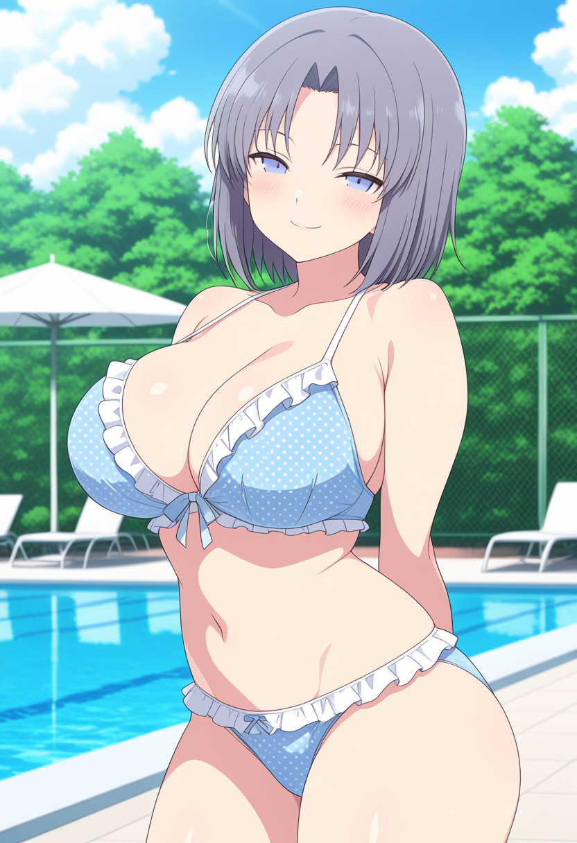 1girl ai_generated arms_behind_back big_breasts bikini blue_bikini blue_eyes blush breasts cleavage female_only grey_hair outdoor_pool outside pool poolside senran_kagura smile solo_female vegaforge yumi_(senran_kagura)