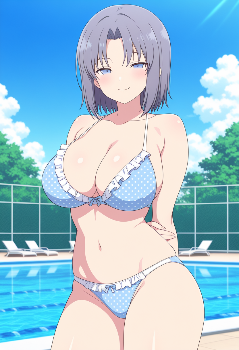 1girl ai_generated arms_behind_back big_breasts bikini blue_bikini blue_eyes blush breasts cleavage female_only grey_hair outdoor_pool outside pool poolside senran_kagura smile solo_female vegaforge yumi_(senran_kagura)