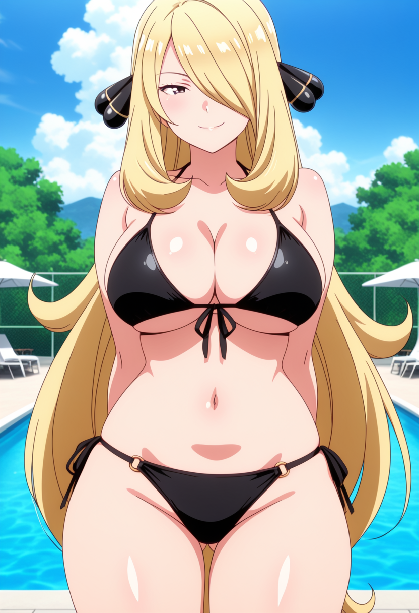 1girl ai_generated arms_behind_back big_breasts bikini black_bikini blonde_hair blush breasts cleavage cynthia_(pokemon) female_only grey_eyes hair_accessory hair_ornament hair_over_one_eye long_hair nintendo outdoor_pool outside pokemon pool poolside smile solo_female vegaforge