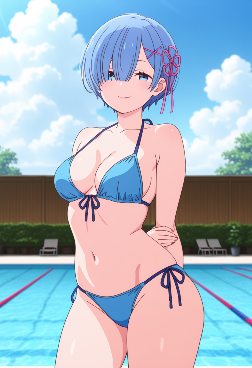 1girl ai_generated arms_behind_back bikini blue_bikini blue_eyes blue_hair blush breasts cleavage eye_visible_through_hair female_only hair_over_one_eye hair_ribbon medium_breasts outdoor_pool outside pool poolside purple_ribbon re:zero_kara_hajimeru_isekai_seikatsu rem_(re:zero) ribbon short_hair smile solo_female vegaforge