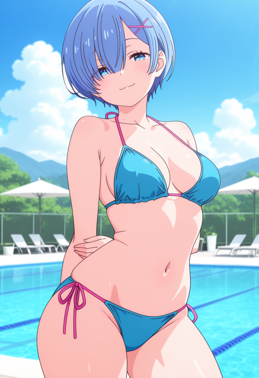 1girl ai_generated arms_behind_back bikini blue_bikini blue_eyes blue_hair blush breasts cleavage eye_visible_through_hair female_only hair_over_one_eye hair_ribbon medium_breasts outdoor_pool outside pool poolside purple_ribbon re:zero_kara_hajimeru_isekai_seikatsu rem_(re:zero) ribbon short_hair smile solo_female vegaforge