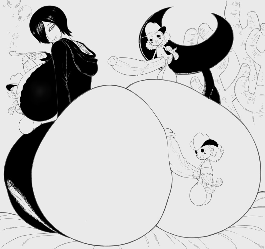 1girl 3boys ass assjob big_ass big_breasts breasts buttjob erection gigantic_ass gigantic_breasts hotdogging huge_ass huge_breasts huge_penis madame_shyarly monochrome one_piece paizuri penis_between_ass penis_on_ass shounen_jump thanuki thanukiart