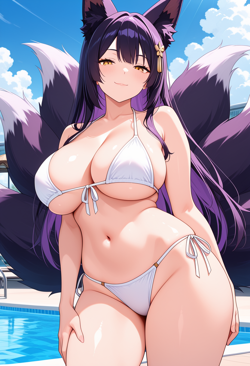 1girl ai_generated azur_lane big_breasts bikini blush breasts cleavage female_only fox_ears fox_girl fox_tails hair_accessory hair_ornament hands_on_own_thighs hands_on_thighs long_hair musashi_(azur_lane) outdoor_pool outside pool poolside purple_hair ship_girl smile solo_female vegaforge white_bikini yellow_eyes