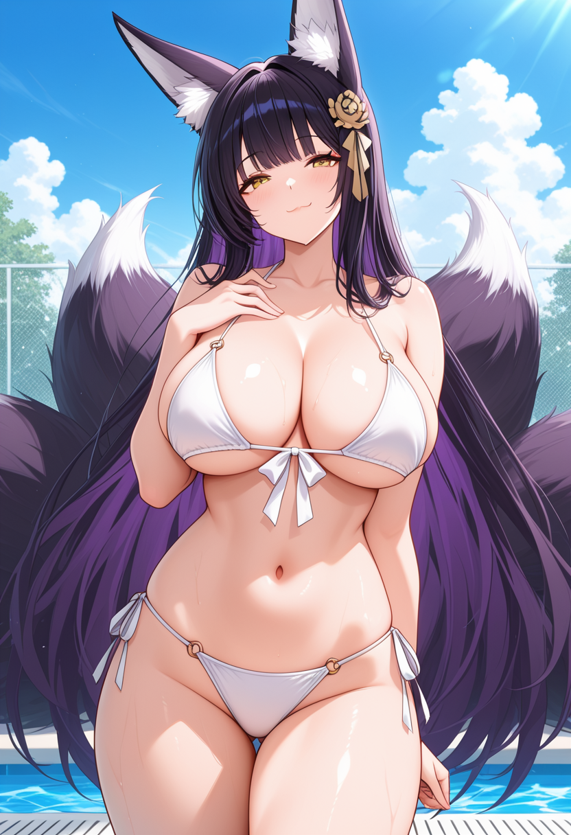 1girl ai_generated azur_lane big_breasts bikini blush breasts cleavage female_only fox_ears fox_girl fox_tails hair_accessory hair_ornament hand_on_chest hand_on_own_chest long_hair musashi_(azur_lane) outdoor_pool outside pool poolside purple_hair ship_girl smile solo_female vegaforge white_bikini yellow_eyes