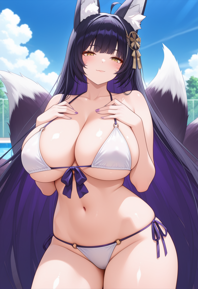 1girl ai_generated azur_lane big_breasts bikini blush breasts cleavage female_only fox_ears fox_girl fox_tails hair_accessory hair_ornament hands_on_chest hands_on_own_chest long_hair musashi_(azur_lane) outdoor_pool outside pool purple_hair ship_girl smile solo_female vegaforge white_bikini yellow_eyes