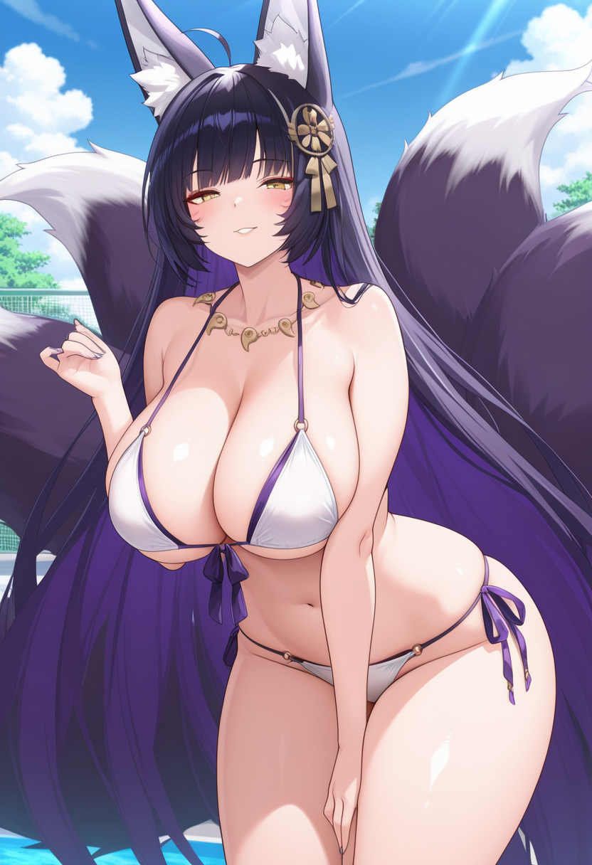 1girl ai_generated azur_lane big_breasts bikini blush breasts cleavage female_only fox_ears fox_girl fox_tails hair_accessory hair_ornament leaning_forward long_hair musashi_(azur_lane) necklace outdoor_pool outside pool purple_hair ship_girl smile solo_female vegaforge white_bikini yellow_eyes