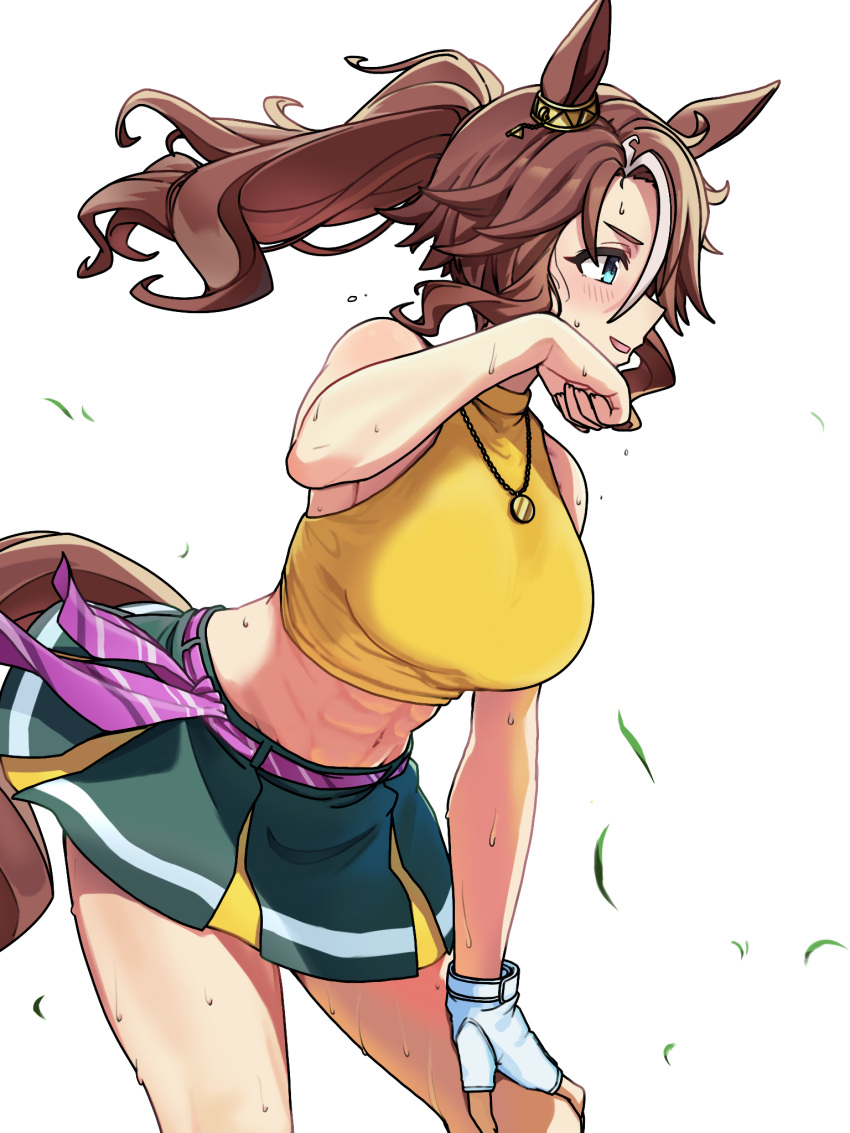 1girl abs animal_ears big_breasts blue_eyes blush breasts brown_hair commentary_request fingerless_gloves gloves green_skirt high_res horse_ears horse_girl horse_tail jewelry mejiro_palmer_(umamusume) midriff motyomotyo_rsg4 multicolored_hair navel pendant ponytail simple_background skirt streaked_hair sweat tail umamusume white_background white_gloves white_hair white_streaks