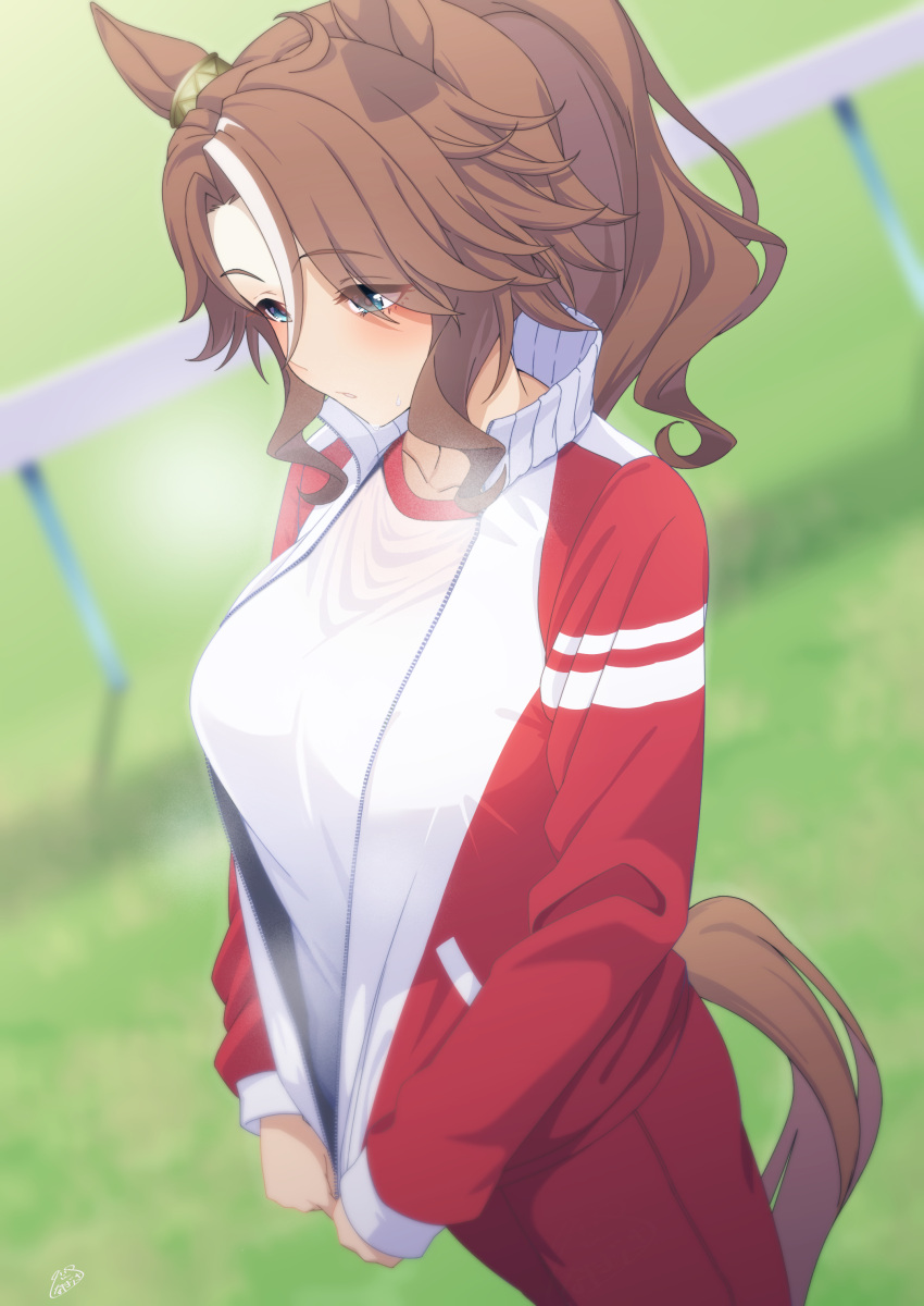 1girl absurd_res animal_ears aqua_eyes big_breasts blush breasts brown_hair commentary_request high_res horse_ears horse_girl horse_tail inukai_nagisa jacket mejiro_palmer_(umamusume) multicolored_hair outside pants parted_lips partially_unzipped red_jacket red_pants shirt streaked_hair sweat tail track_jacket track_suit umamusume white_hair white_shirt