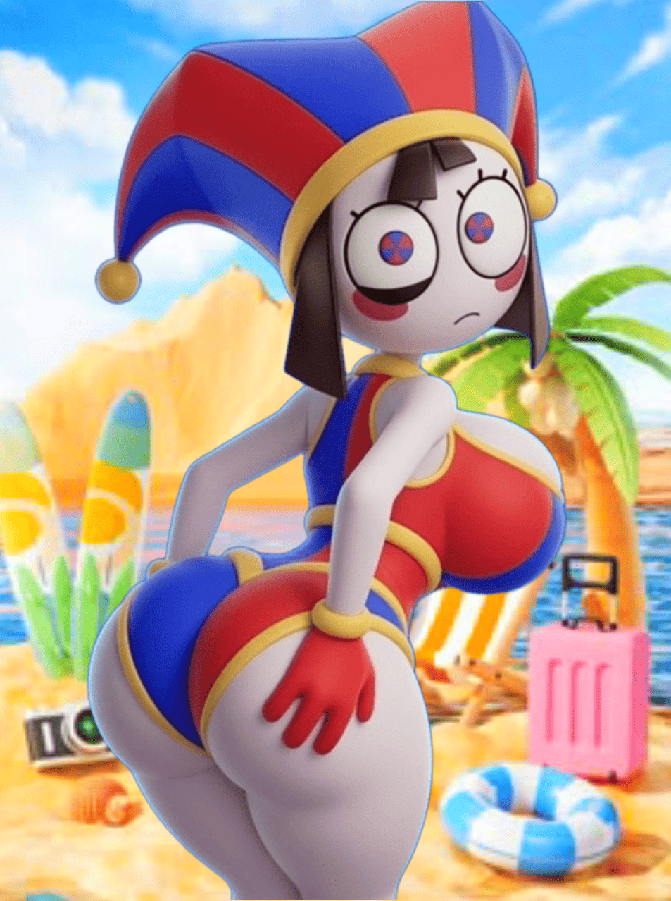 1girl ai-generated ai_assisted ai_generated ass beach big_breasts brown_hair female_focus glitch_productions gloves jester_cap jester_hat looking_back multicolored_eyes one-piece_swimsuit palm_tree pomni_(the_amazing_digital_circus) the_amazing_digital_circus voluptuous_female