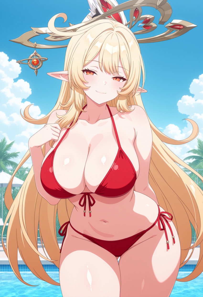 1girl ai_generated alice_(genshin_impact) arm_behind_back big_breasts bikini blonde_hair blush breasts cleavage female_only genshin_impact long_hair milf orange_eyes outdoor_pool outside pointy_ears pool red_bikini smile solo_female vegaforge witch_hat
