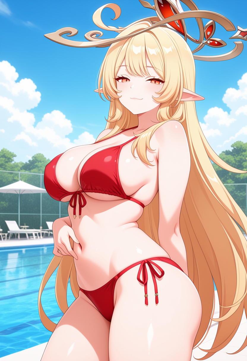 1girl ai_generated alice_(genshin_impact) arm_behind_back big_breasts bikini blonde_hair blush breasts cleavage female_only genshin_impact long_hair milf orange_eyes outdoor_pool outside pointy_ears pool poolside red_bikini smile solo_female vegaforge witch_hat