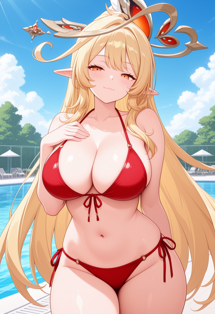 1girl ai_generated alice_(genshin_impact) big_breasts bikini blonde_hair blush breasts cleavage female_only genshin_impact hand_on_chest hand_on_own_chest long_hair milf orange_eyes outdoor_pool outside pointy_ears pool red_bikini smile solo_female vegaforge witch_hat