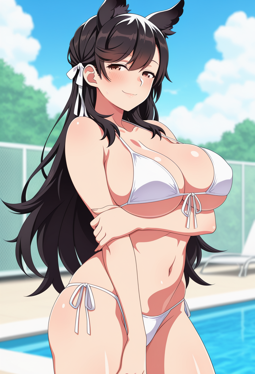 1girl ai_generated arm_under_breasts atago_(azur_lane) azur_lane big_breasts bikini black_hair blush breasts brown_eyes cleavage dog_ears dog_girl female_only hair_ribbon long_hair outdoor_pool outside pool poolside ribbon ship_girl smile solo_female vegaforge white_bikini white_ribbon