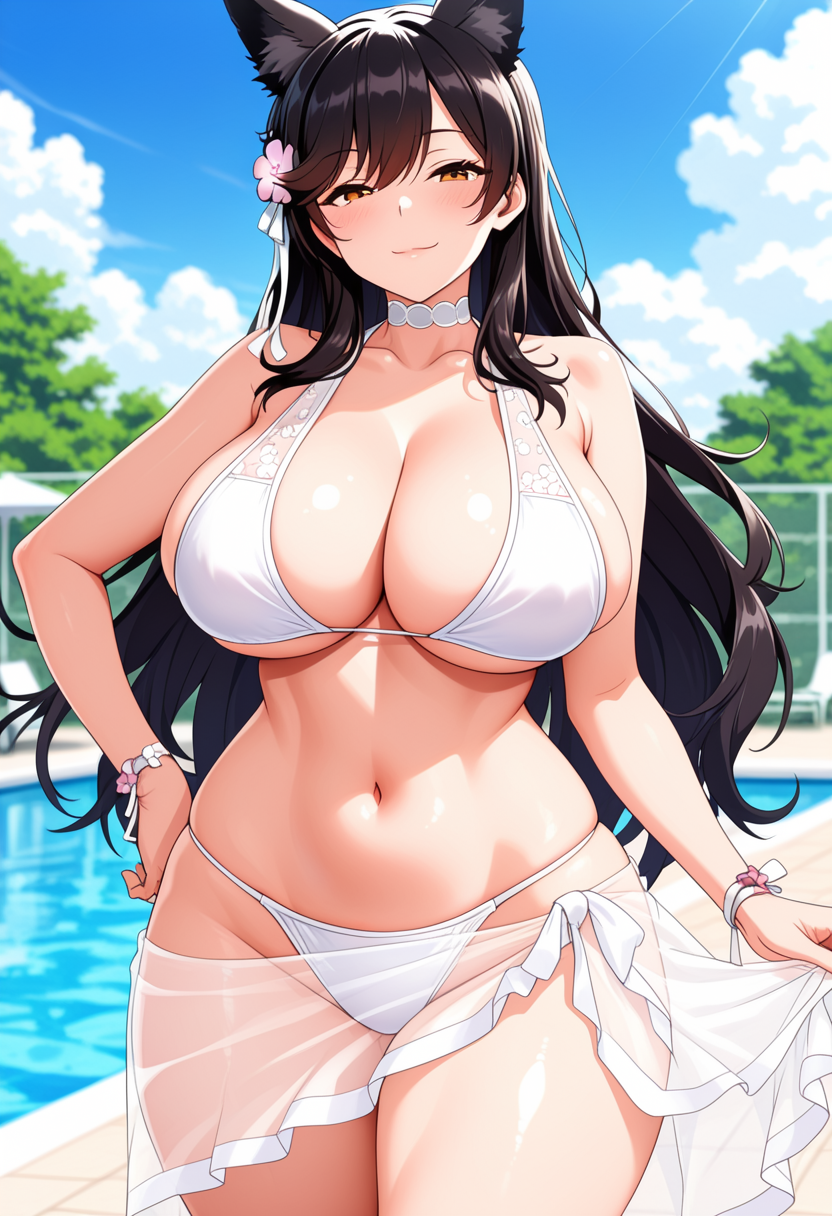 1girl ai_generated atago_(azur_lane) atago_(summer_march)_(azur_lane) azur_lane big_breasts bikini black_hair blush bracelets breasts brown_eyes choker cleavage dog_ears dog_girl female_only flower flower_in_hair hair_ribbon hand_on_hip hand_on_own_hip long_hair outdoor_pool outside pool poolside ribbon sarong ship_girl smile solo_female vegaforge white_bikini white_choker white_ribbon white_sarong